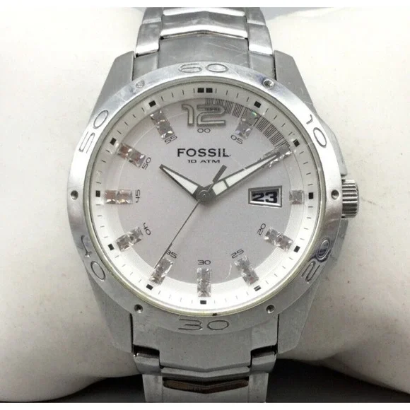 Fossil Watch Unisex 41mm Silver Tone AM4116 100M Date New Battery - Main Image
